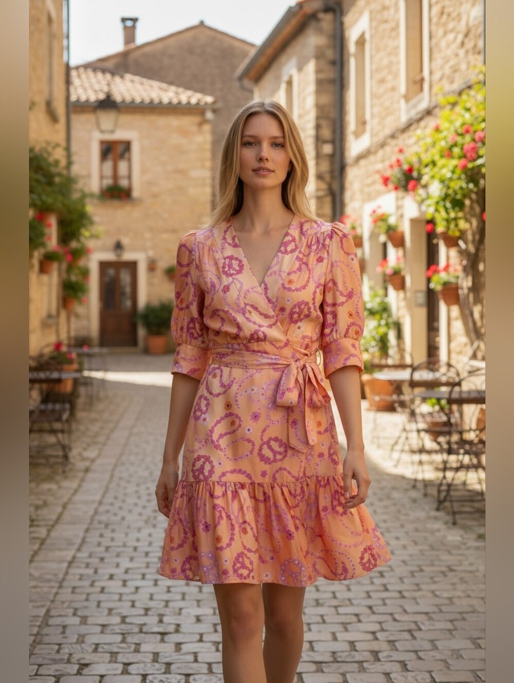 Sandro Pink and Cream Printed Wrap Mini Dress